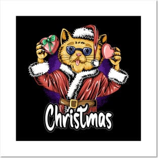 christmas-santa-claus-cute-cat-wearing-sunglasses-bringing-christmas-gifts-kids-christmas Posters and Art